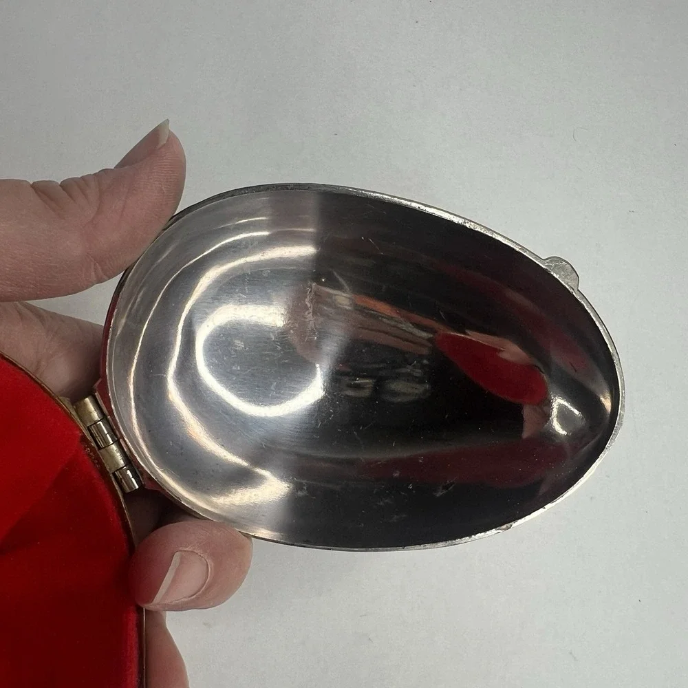 Vintage Jewelry Box Silver Egg Shaped Flowers Embossed Footed Trinket Box Velvet